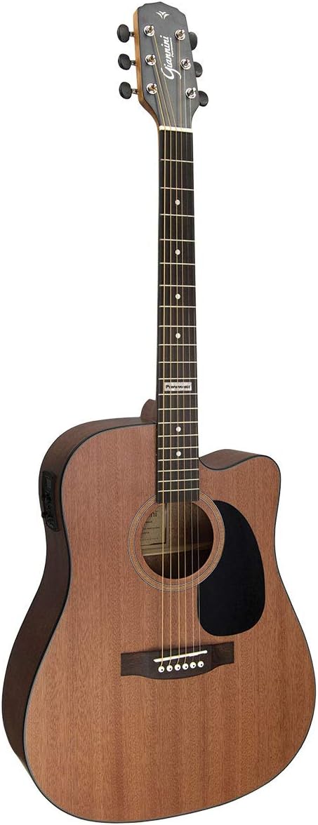 Imagem frontal de um violão elétrico Giannini GF1D com acabamento em madeira natural, formato cutaway para facilitar o acesso às notas mais altas, cordas de aço, tampo com escudo preto e equalizador