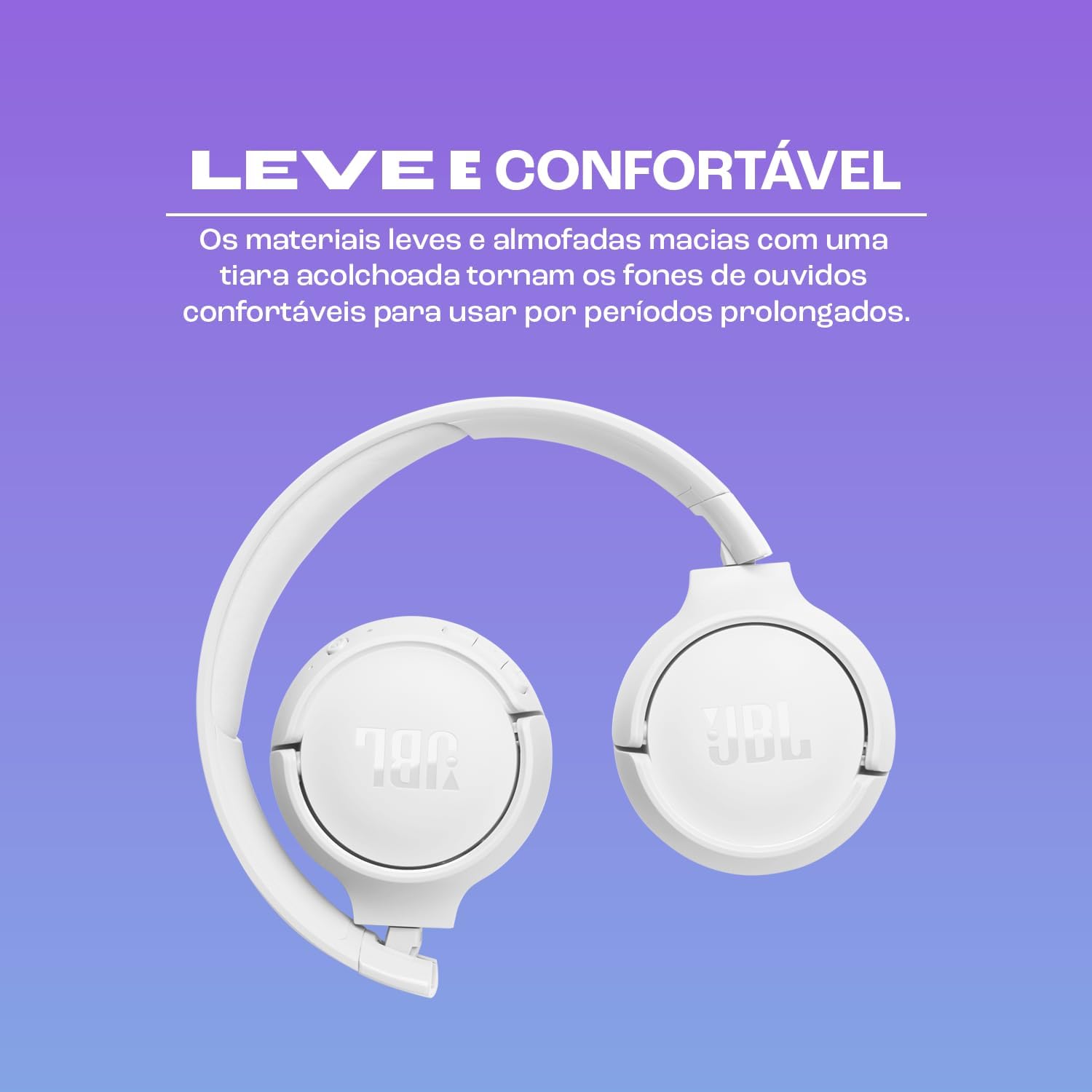Fone de ouvido JBL Tune 520BT branco dobrado, destacando sua leveza e conforto