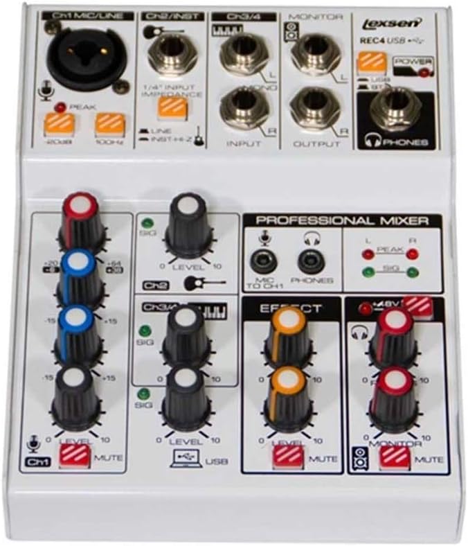 Mesa de som Lexsen REC4 USB com 4 canais, entrada XLR para microfone no canal 1, entradas P10 para canais 2 e 3/4, saídas monitor e saída para fones. Controle de volume para cada canal, knobs de equal