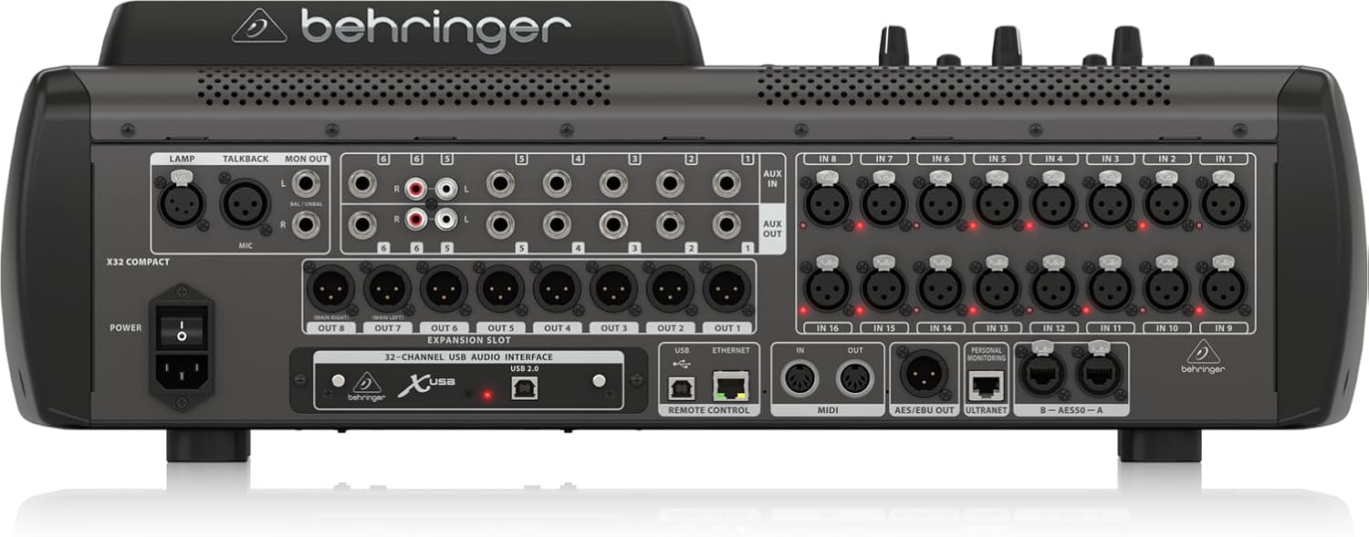 Vista traseira da mesa de som digital Behringer X32 COMPACT mostrando entradas e saídas profissionais e conexões diversas