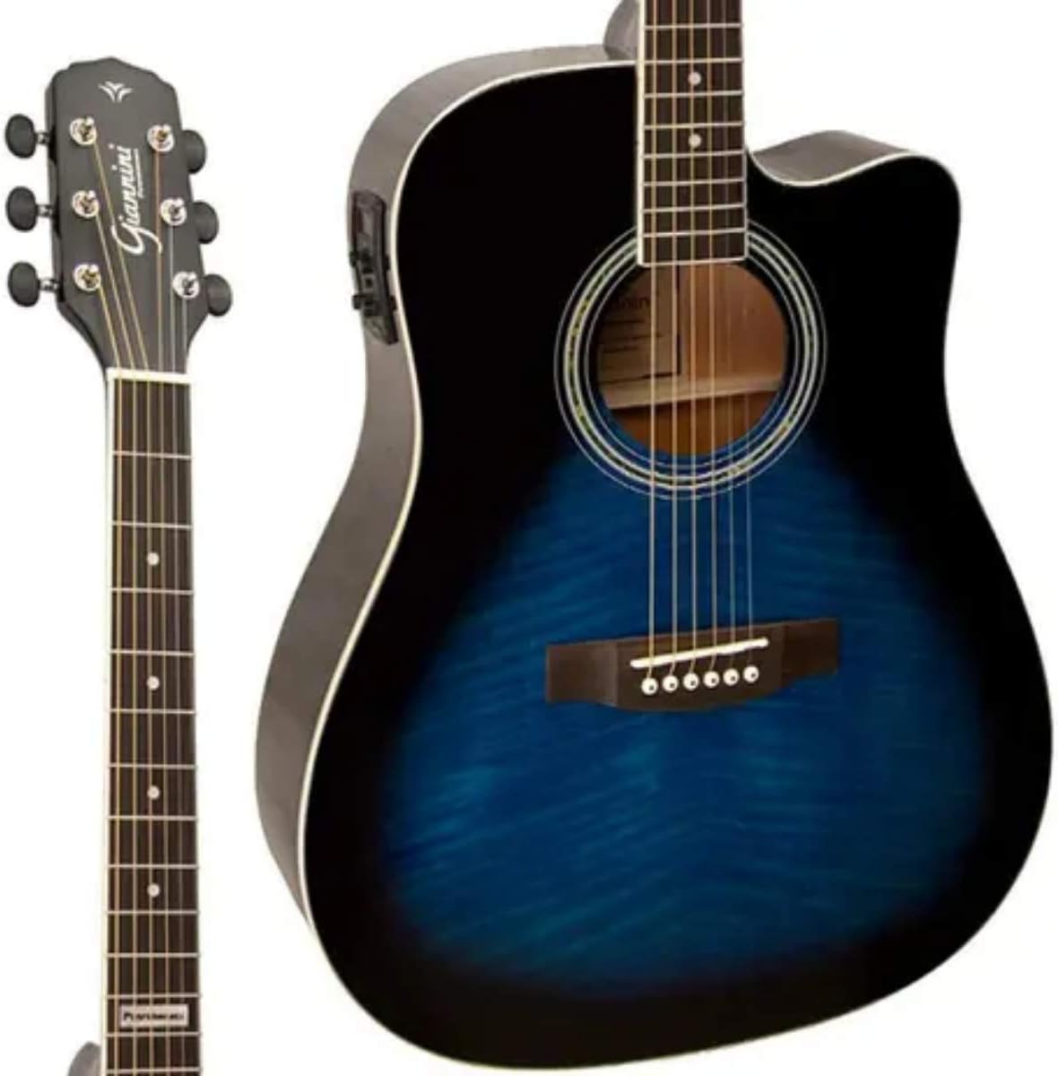Violão Giannini Dreadnought FOLK Cutaway eletroacústico com acabamento Dark Blue Burst. Corpo com corte para acesso às casas altas, tampo azul flamejado, laterais e fundo pretos, braço e escala em  