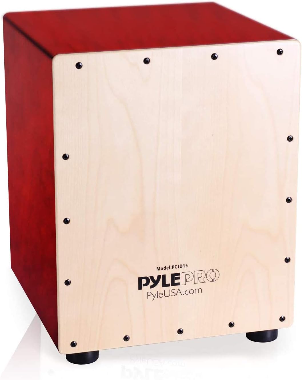 Cajon Pyle CJD15 com design clássico e tradicional, corpo em madeira vermelha e painel frontal claro, pés antivibração