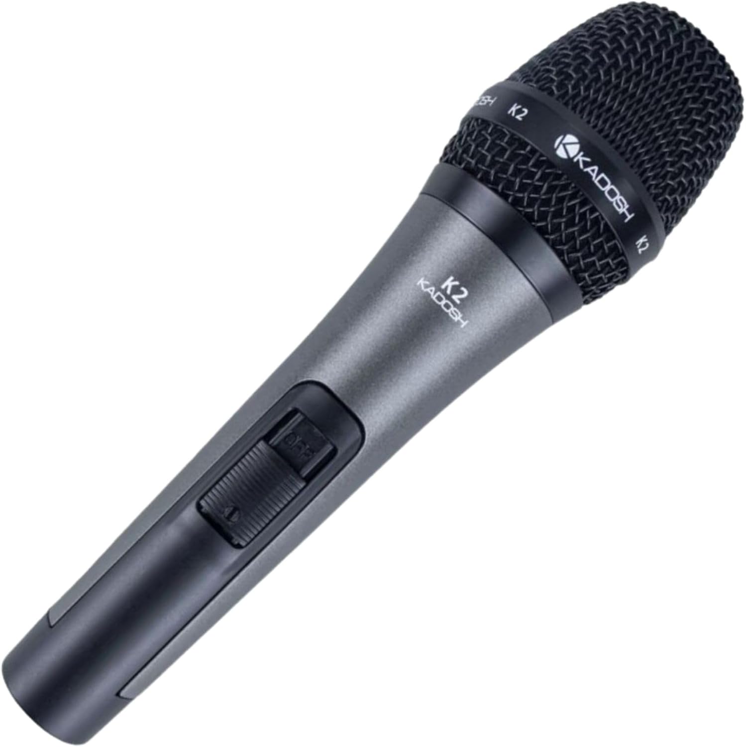 Microfone dinâmico vocal Kadosh K-2 em ângulo inclinado, corpo metálico cinza escuro com botão liga/desliga preto