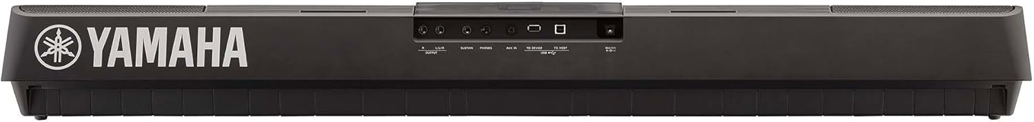 Parte traseira do teclado Yamaha PSR-EW410 mostrando conexões e entradas