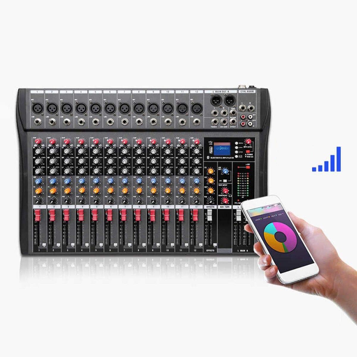 Mesa de som com controles destacados e smartphone mostrando controle via app Bluetooth