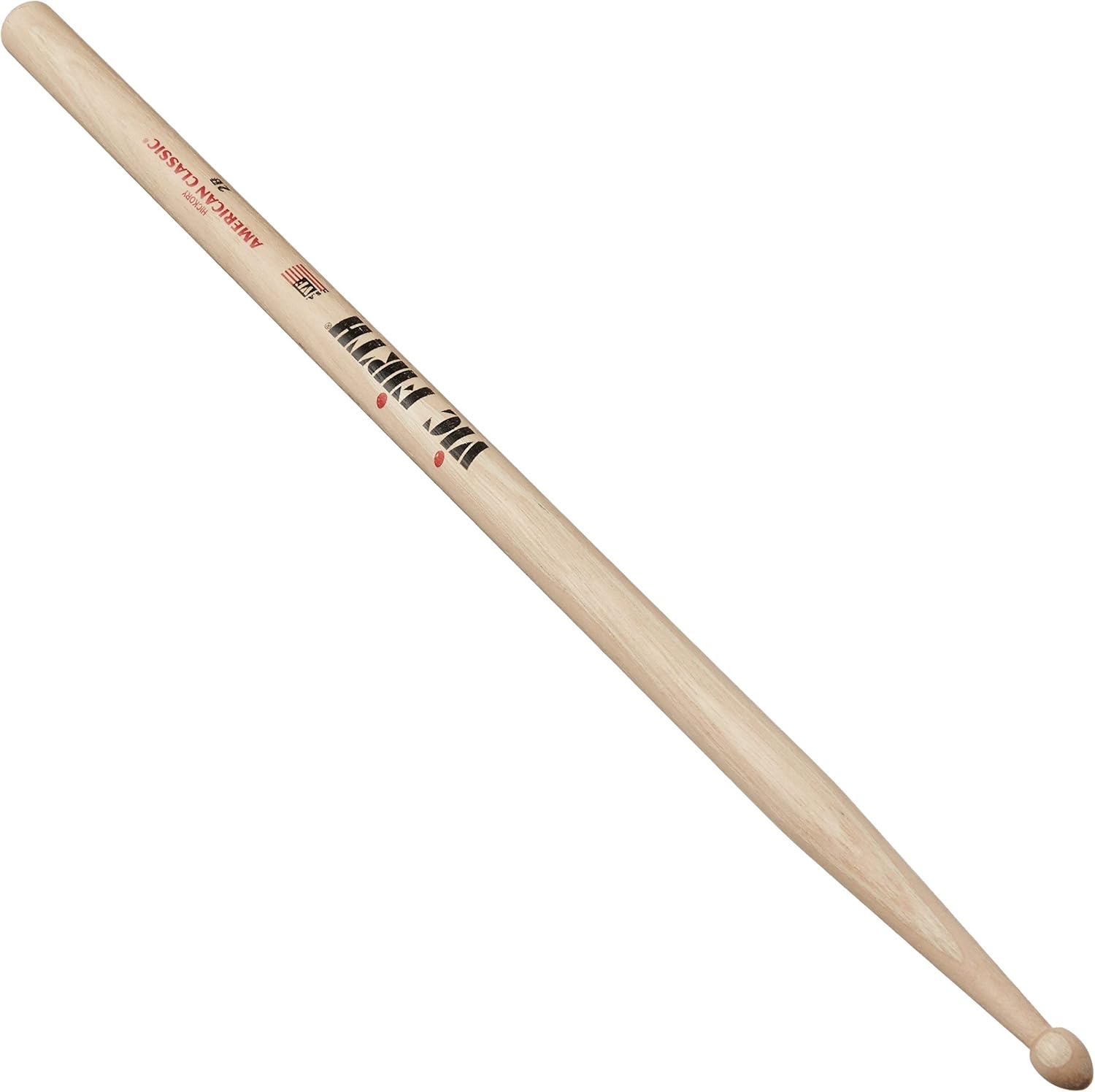 Imagem de uma baqueta de madeira clara, modelo Vic Firth American Classic 2B, com ponta em formato gota.