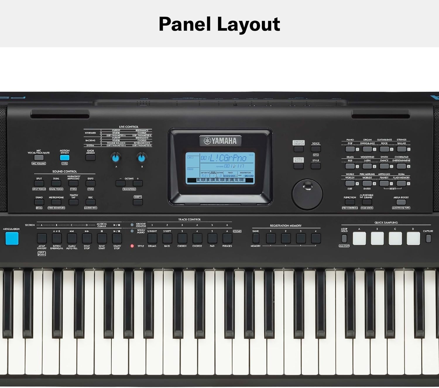 Painel frontal do teclado Yamaha PSR E473 mostrando controles e visor LCD