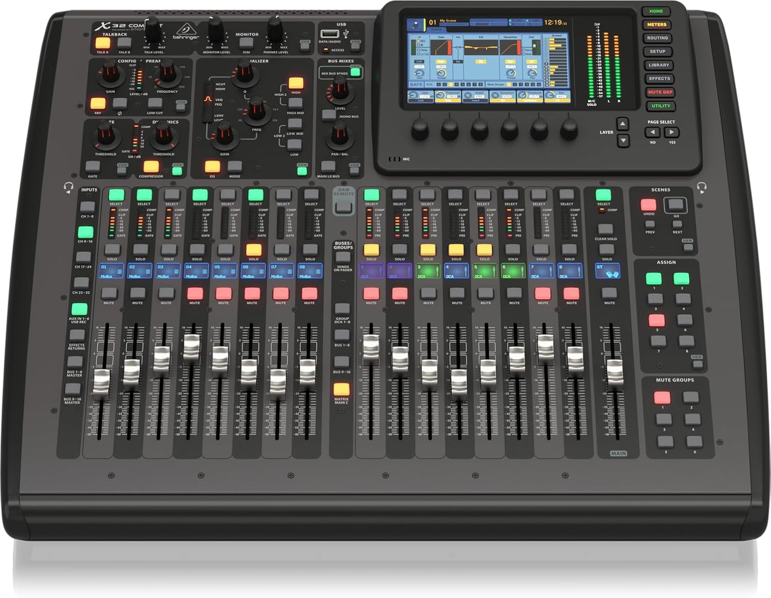 Mesa de som digital Behringer X32 COMPACT com 22 canais, vista superior detalhada com controles para gain, equalização, dynamics, gate e USB para áudio