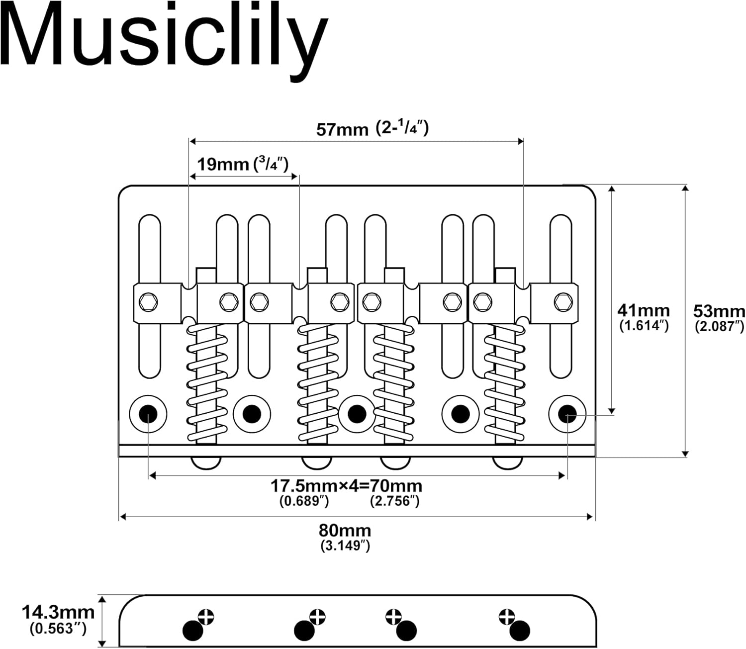 Detalhe técnico da ponte Musiclily Pro para contrabaixo 4 cordas