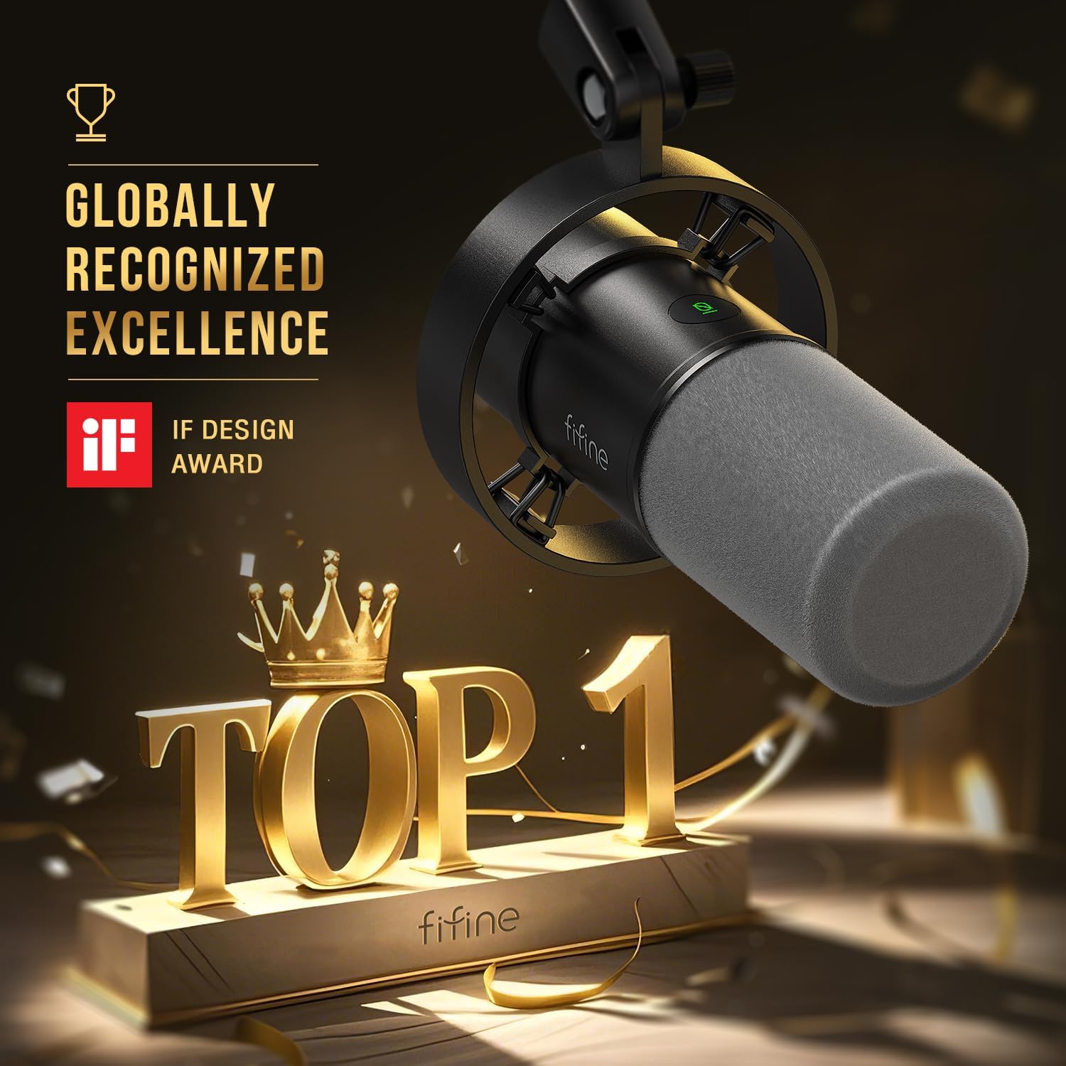 Microfone dinâmico Fifine K688 em pedestal dourado com destaque para design e qualidade