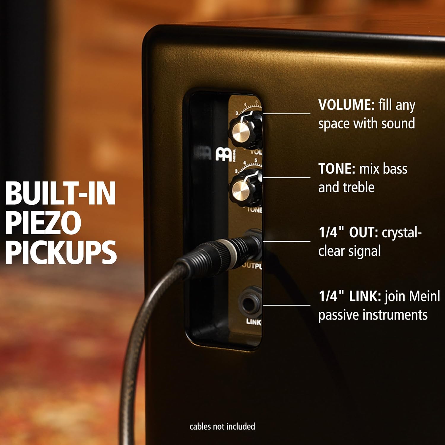 Detalhe dos controles embutidos do captador piezo do cajon Meinl PWCP100MB