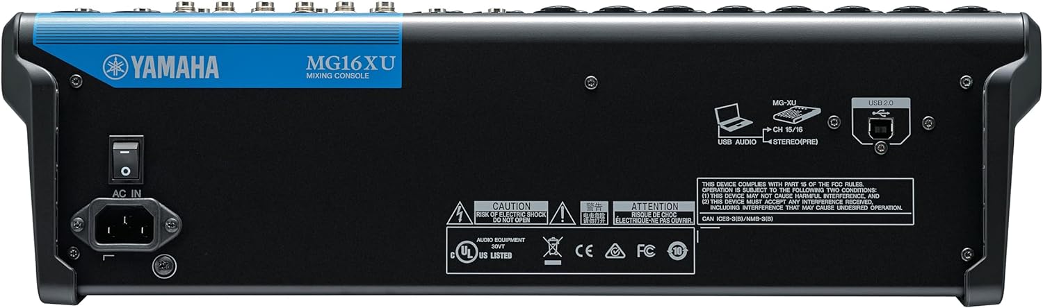 Vista traseira da mesa Yamaha MG16XU mostrando conexões e entradas