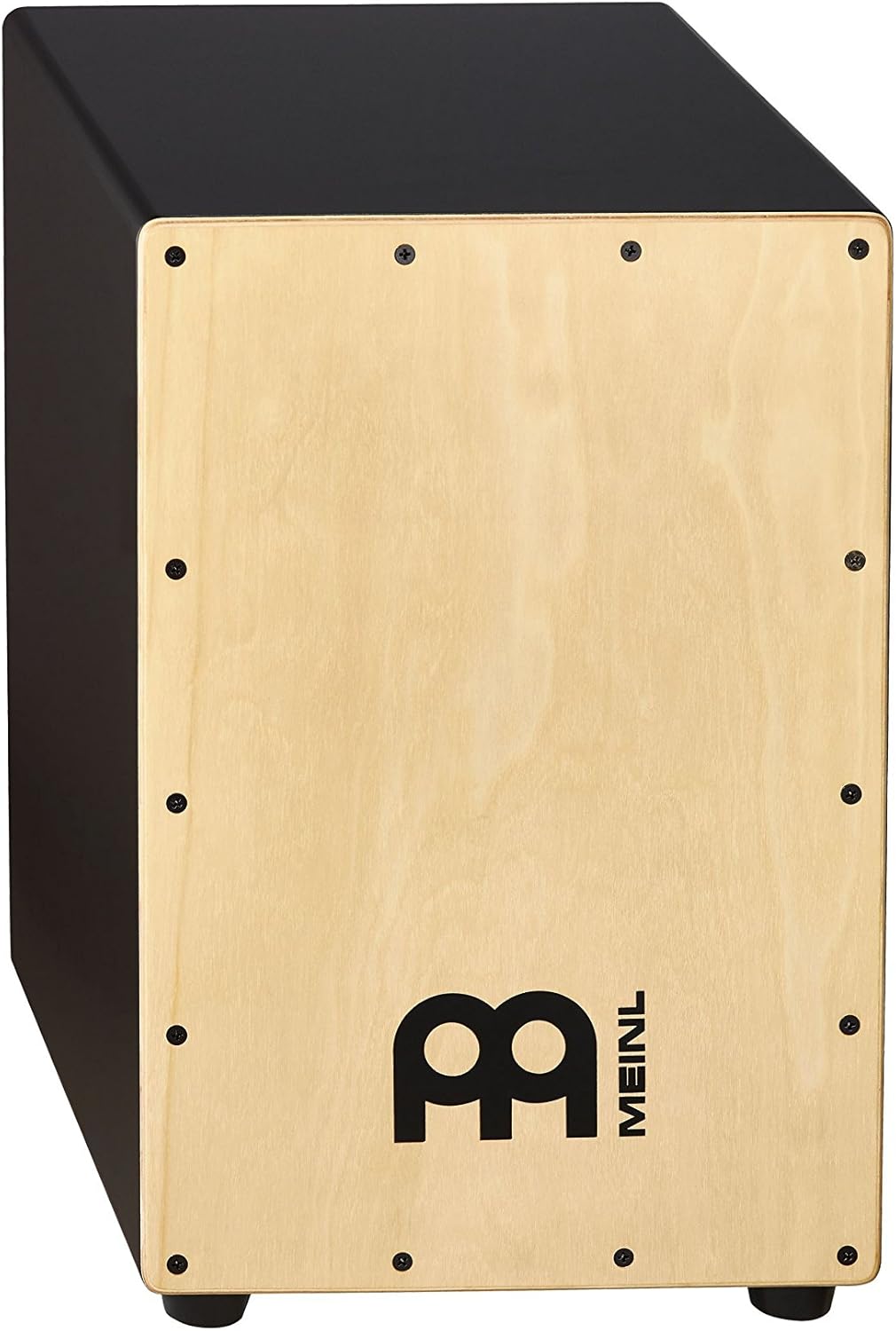 Cajón Meinl com placa frontal em madeira clara e corpo preto fosco, instrumento de percussão retangular com armadilhas internas