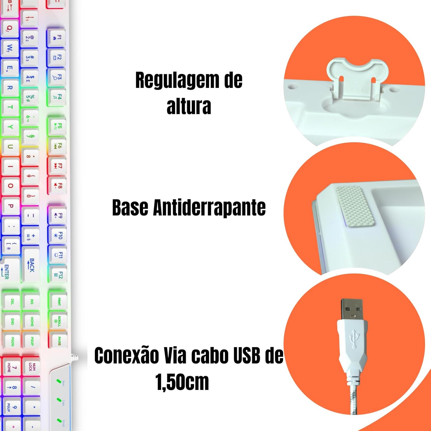 Parte traseira do teclado gamer Titorion TE001 branco, mostrando base antiderrapante, regulagem de altura e conexão USB.
