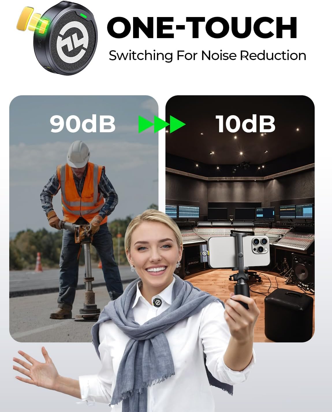 Microfone Hollyland Lark M2 com ativação One-Touch do cancelamento de ruído