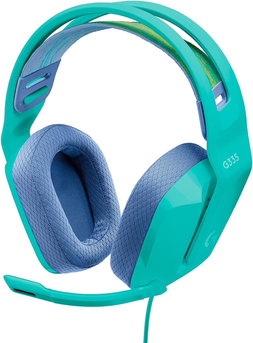 Headset gamer Logitech G335 em tom azul turquesa com almofadas de espuma viscoelástica azul claro e microfone articulado.