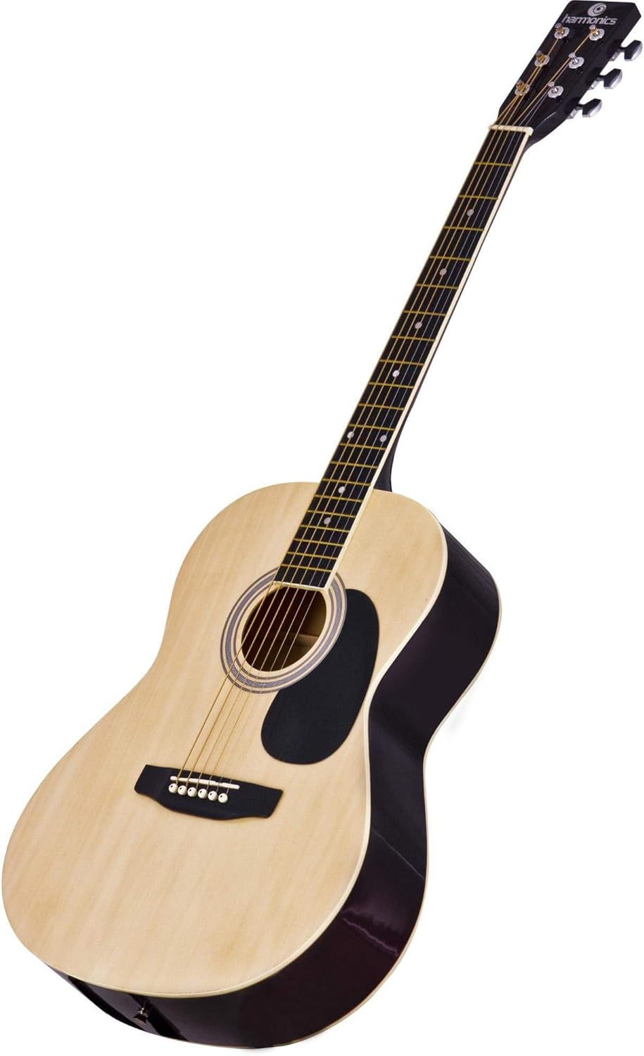 Violão Harmonics GS-11 em ângulo com tampo natural e corpo preto brilhante