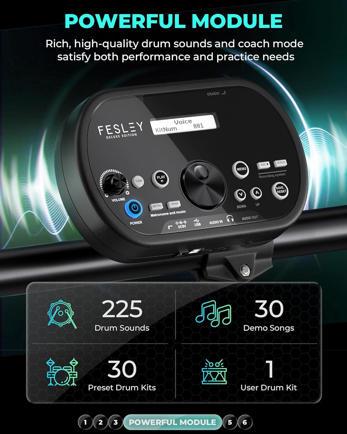 Módulo sonoro da bateria eletrônica Fesley com tela digital e controle
