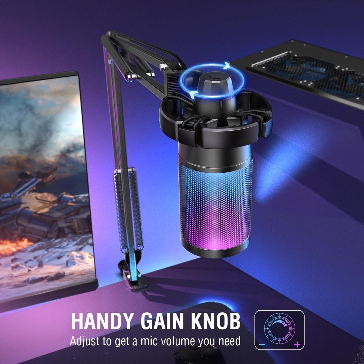 Microfone FIFINE A6T com botão giratório de volume, iluminação RGB e braço articulado ajustável