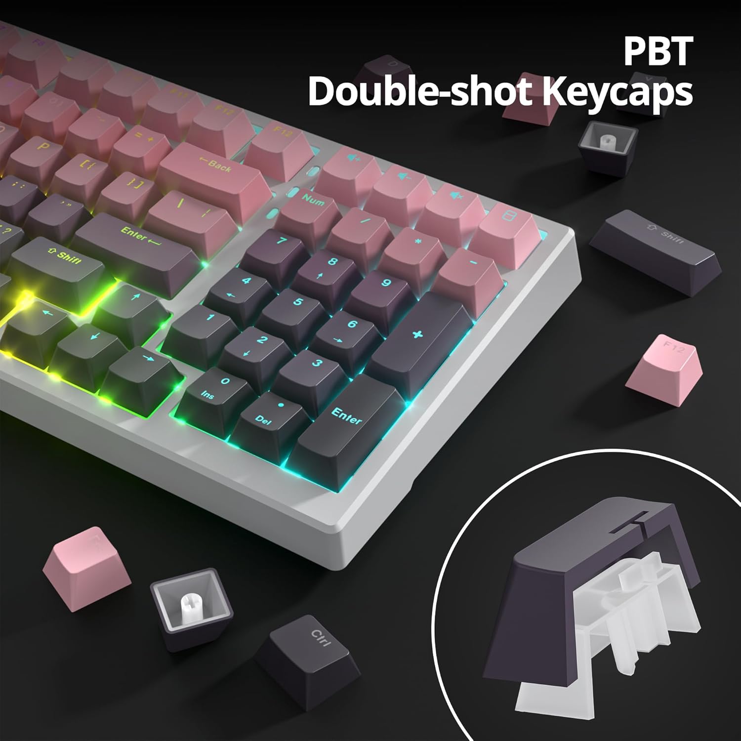 Close das teclas PBT com retroiluminação mostrando construção double-shot