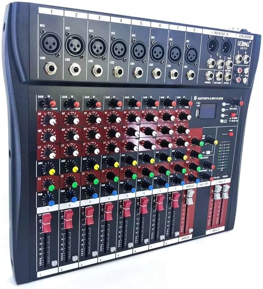 Mesa de som Lelong LE-711 com 8 canais balanceados, entradas combinadas XLR e P10 para microfone e linha, controles de ganho, equalização de graves, médios e agudos, botões de aux e efeitos, pan, fads