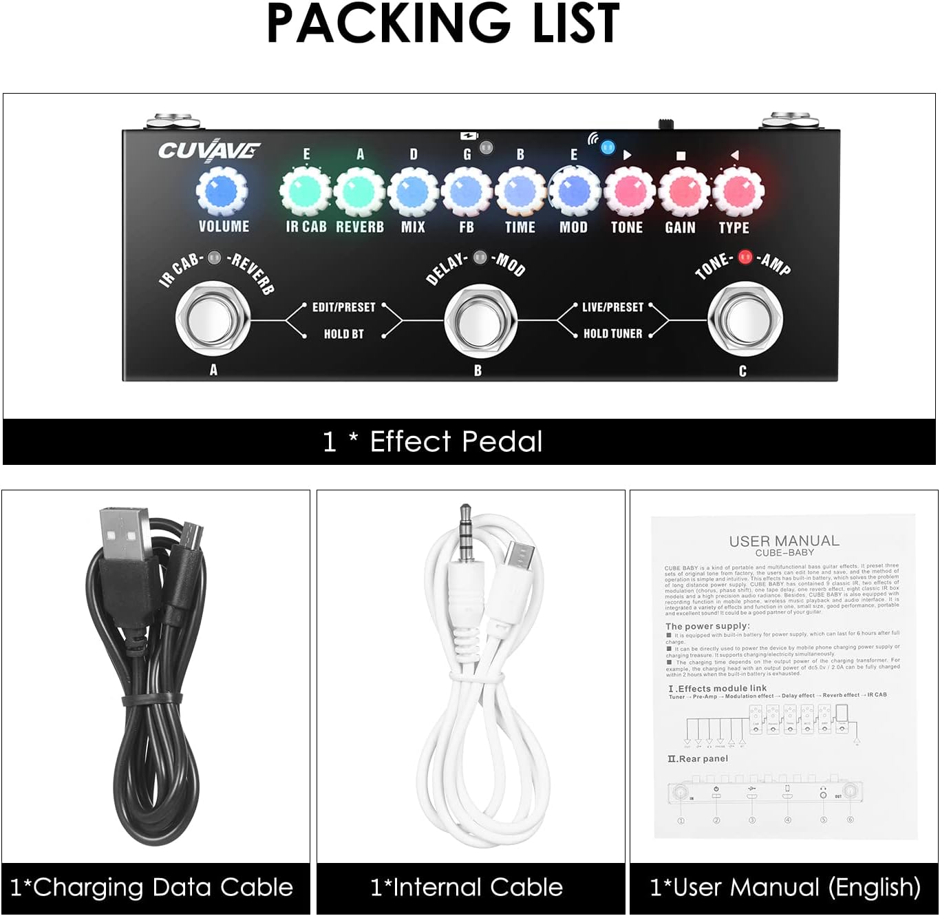 Conexões e controles do pedal BHCASE CUBE BABY
