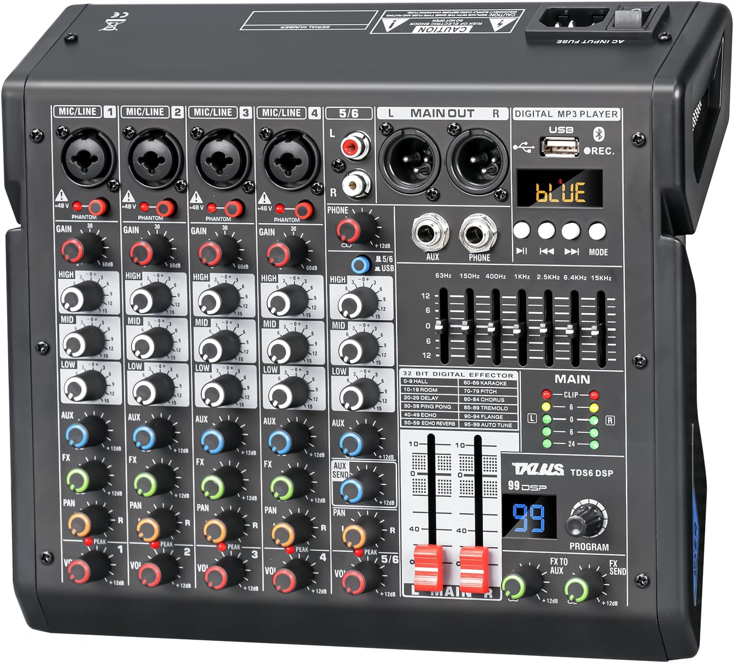 Imagem frontal do mixer de áudio profissional TKLBLS TDS6 DSP com 6 canais e botões coloridos