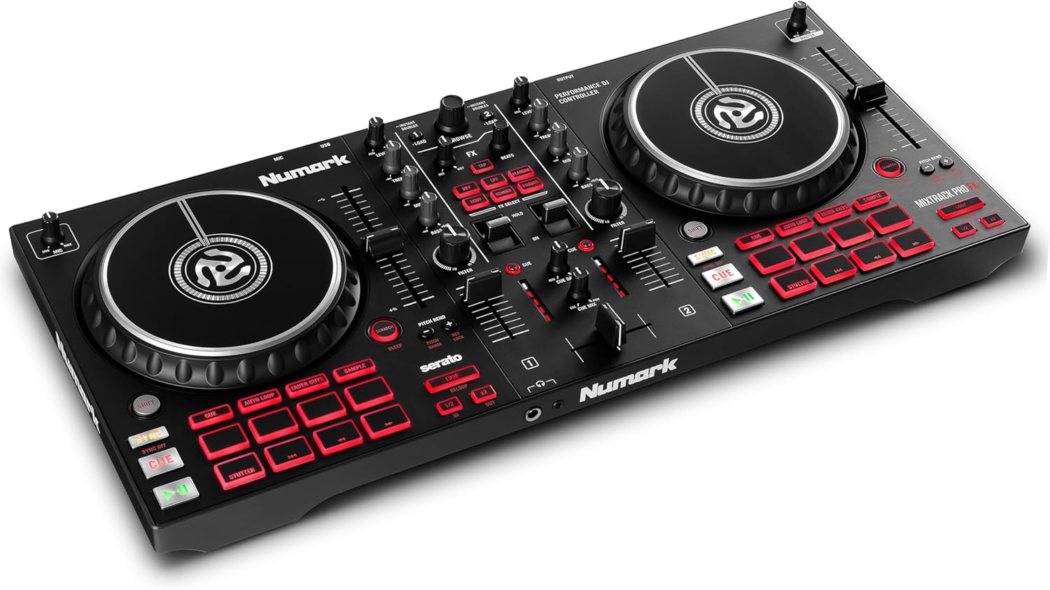 Controlador DJ Numark Mixtrack Pro FX preto com dois decks grandes circulares e pás de efeitos. Botões e pads vermelhos contrastam com o corpo preto. Controles diversos para volume, equalizador, fios,