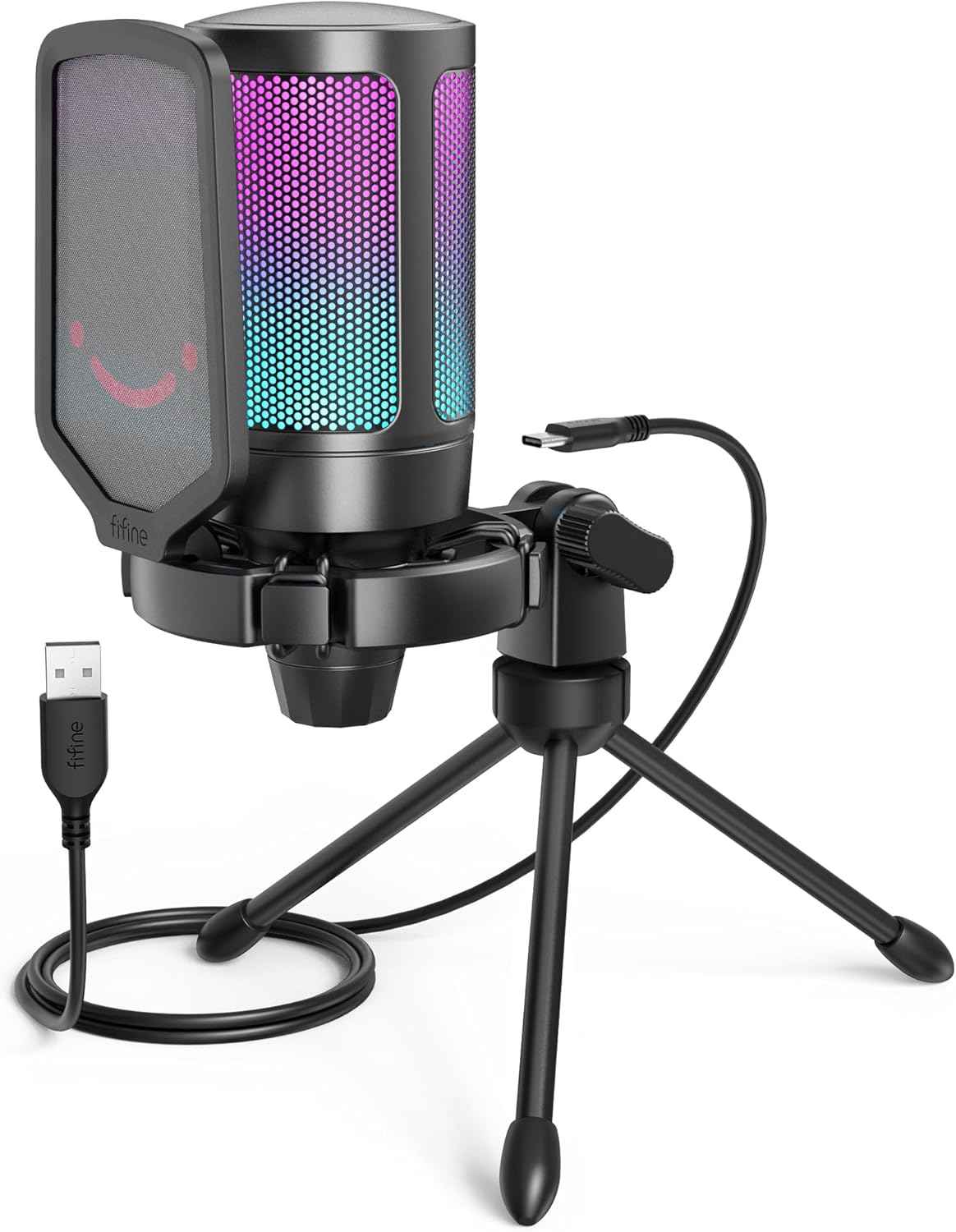 Microfone condensador USB FIFINE A6V para jogos, com iluminação RGB em gradiente azul, roxo e rosa, montado em tripé com pop filter.