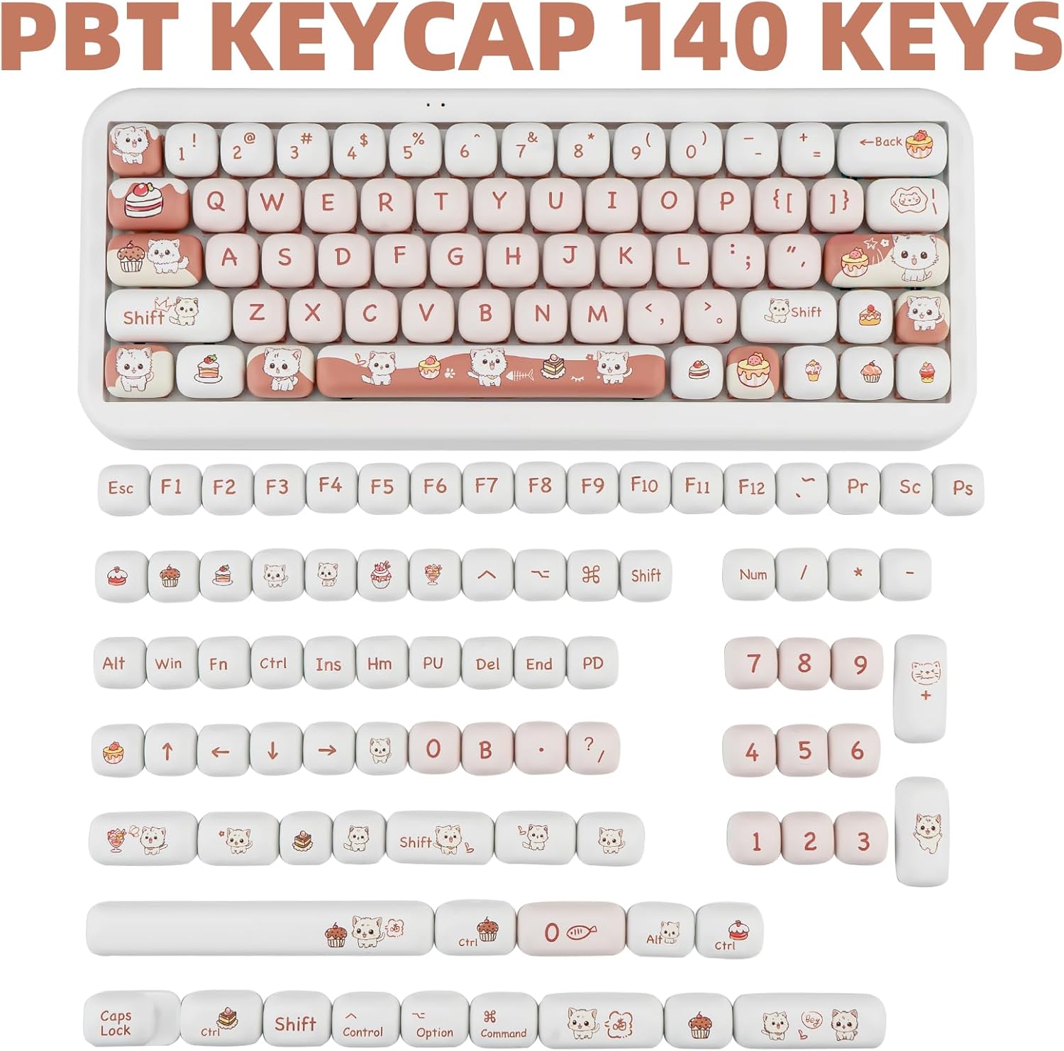 Imagem mostra conjunto completo de 140 teclas perfil MOG da TIMSEKER para teclado personalizado, feito de PBT. Teclas em branco, rosa claro e marrom com ícones e desenhos fofos de gatos e doces. Inclu