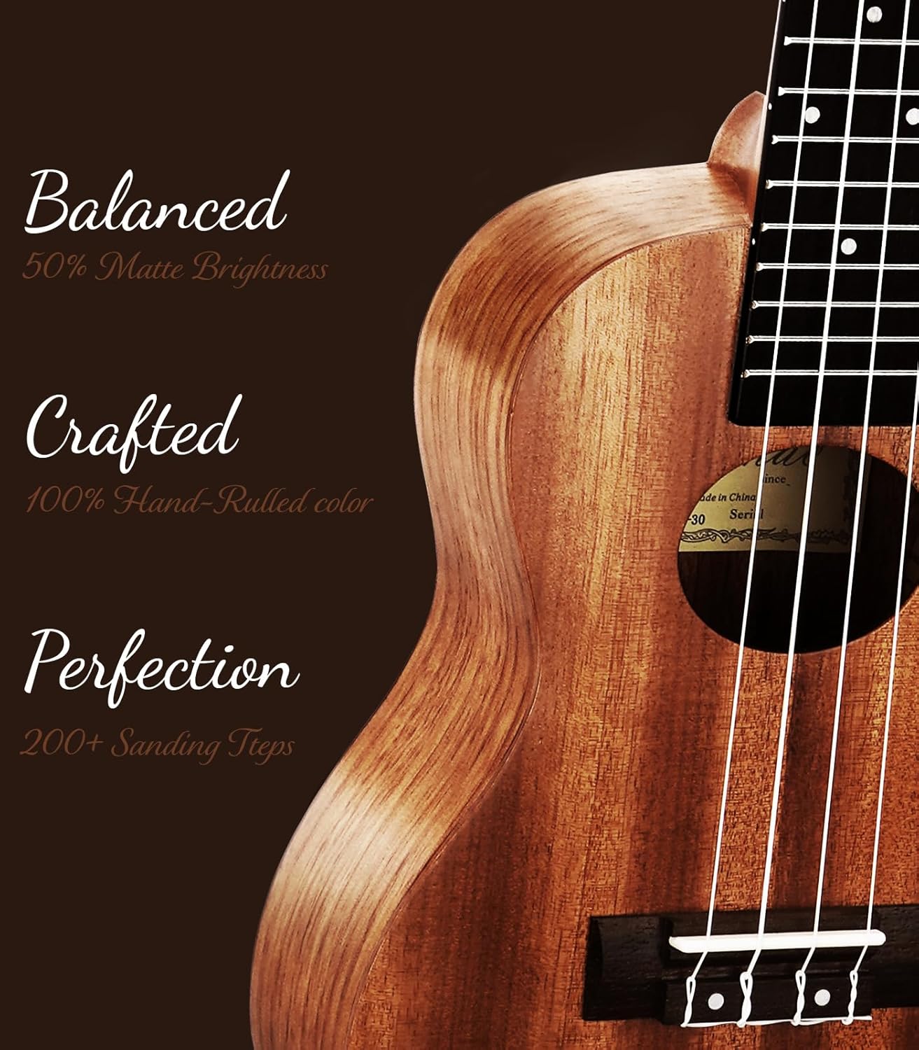 Close do corpo em mogno do ukulele Ulumac mostrando acabamento artesanal e detalhes da madeira.