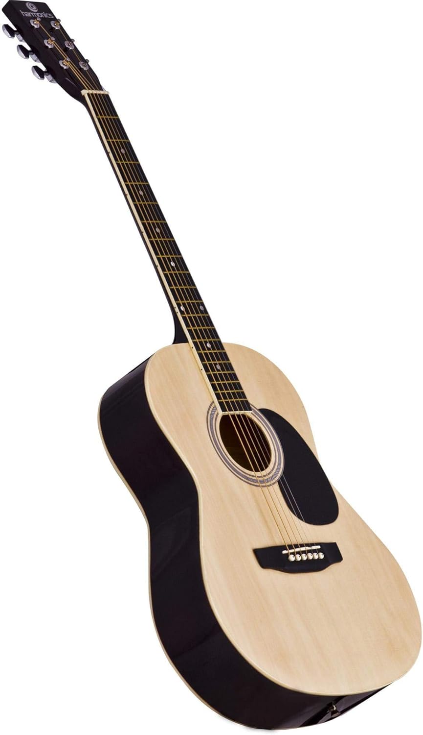 Violão acústico Harmonics GS-11 com tampo natural claro e corpo preto brilhante em ângulo tridimensional