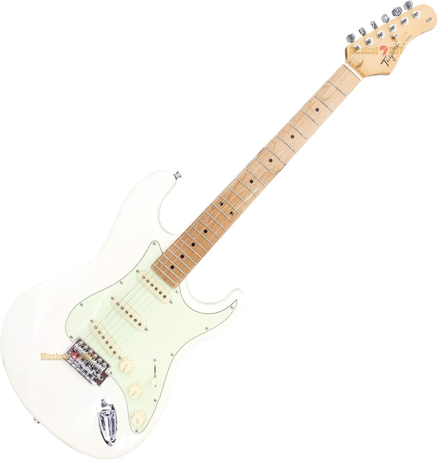 Guitarra elétrica Tagima TG-530 Woodstock com corpo branco Olympic White, braço e escala em maple, 22 trastes, captadores single coil, escudo verde menta