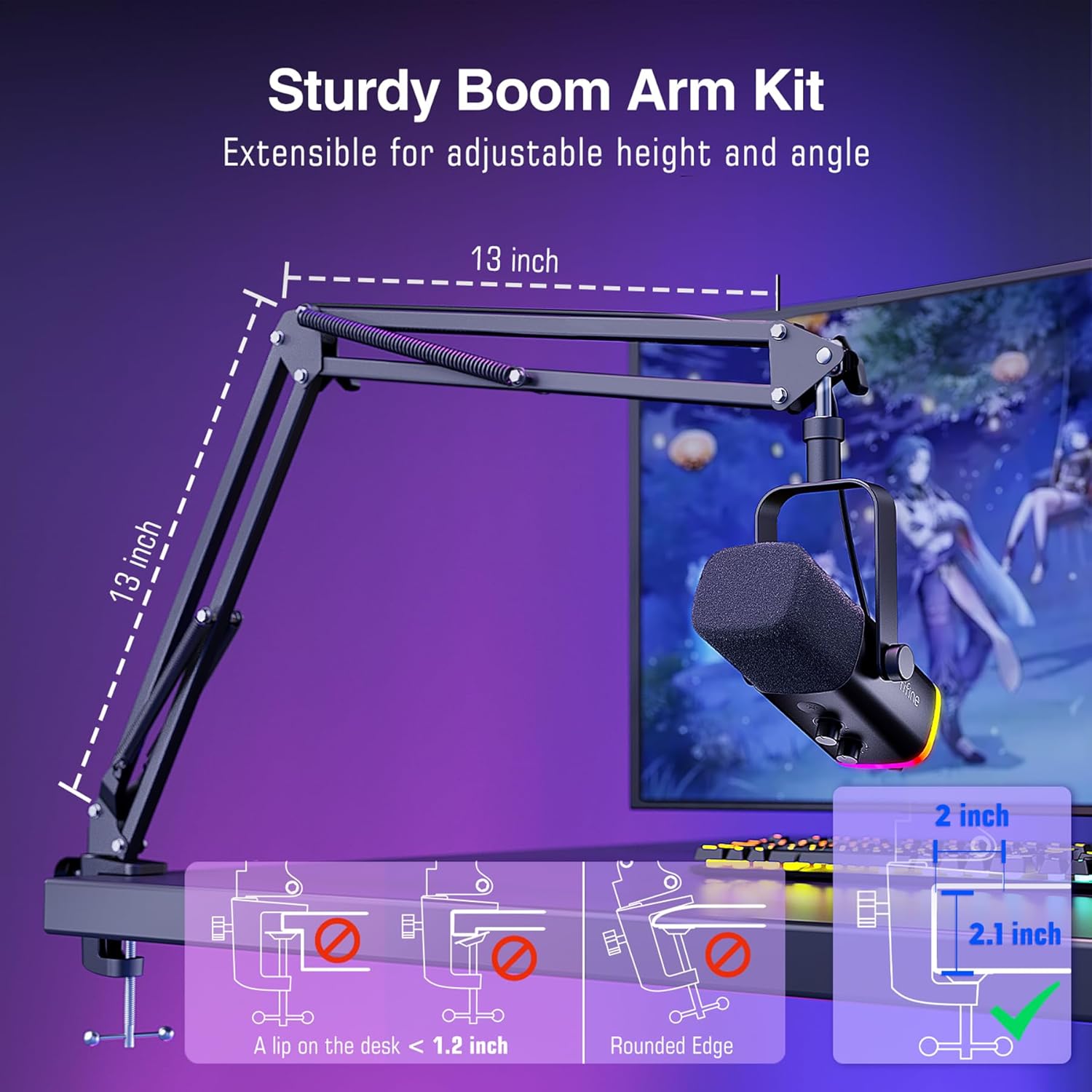 Suporte articulado robusto para microfone FIFINE AM8T com braços ajustáveis e braçadeira para mesa.