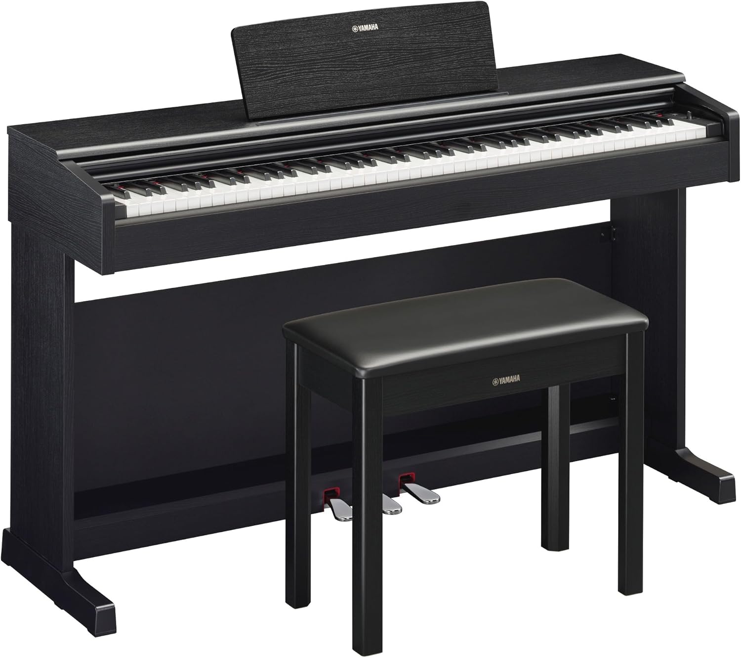 Piano digital Yamaha Arius YDP-145B em acabamento preto fosco, 88 teclas, com 3 pedais cromados e banco estofado preto combinando.