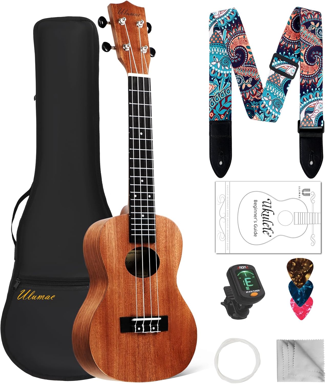 Ukulele de concerto Ulumac feito em mogno sólido, acompanhado de acessórios como bolsa, alça, afinador eletrônico, palhetas, cordas extras e pano de limpeza.