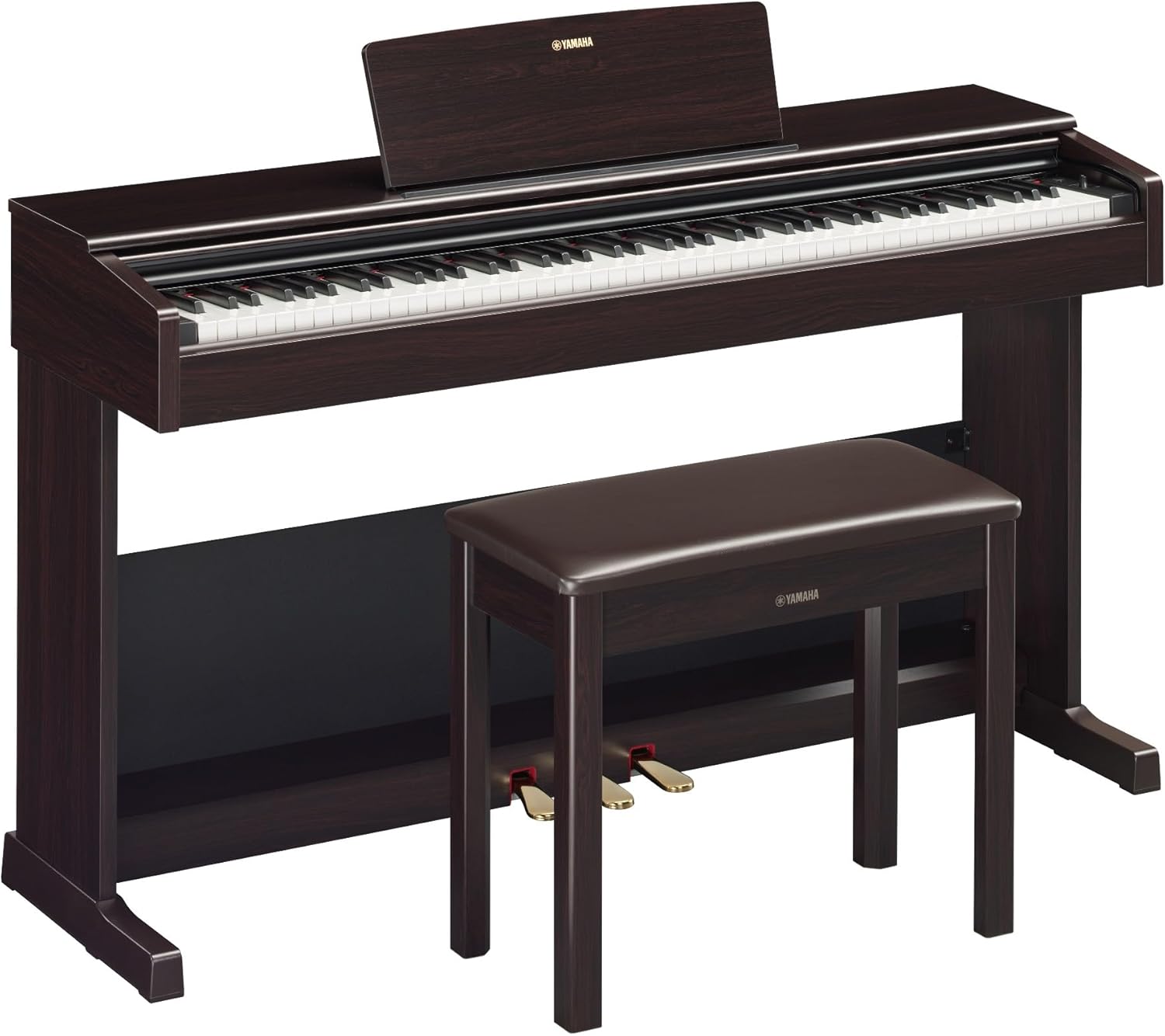 Piano digital Yamaha Arius YDP-105R em acabamento Dark Rosewood, com 88 teclas e três pedais dourados.