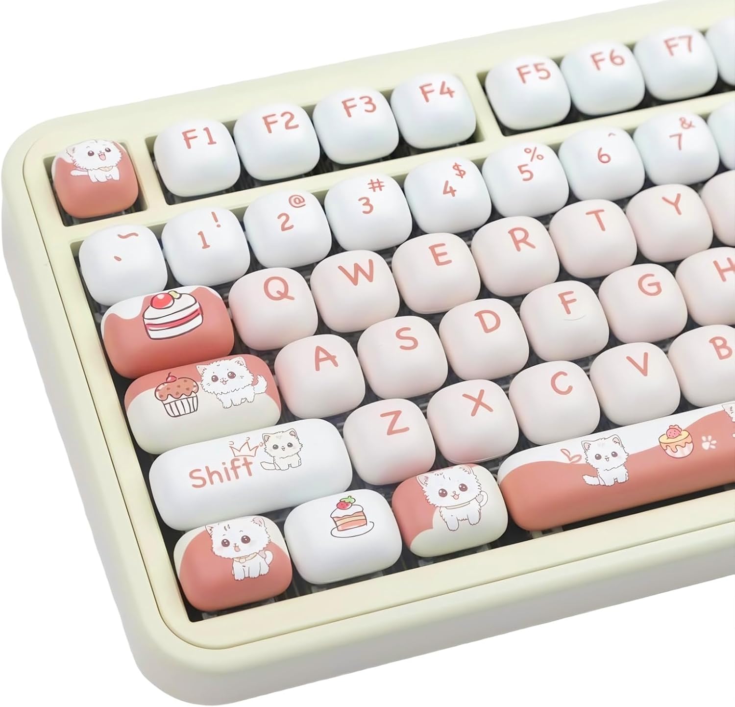 Teclado personalizado com conjunto de teclas perfil MOG da TIMSEKER, feitas em PBT. As teclas apresentam cores branco, rosa claro e marrom, com desenhos de gatinhos e doces, como cupcakes e bolos. Ote