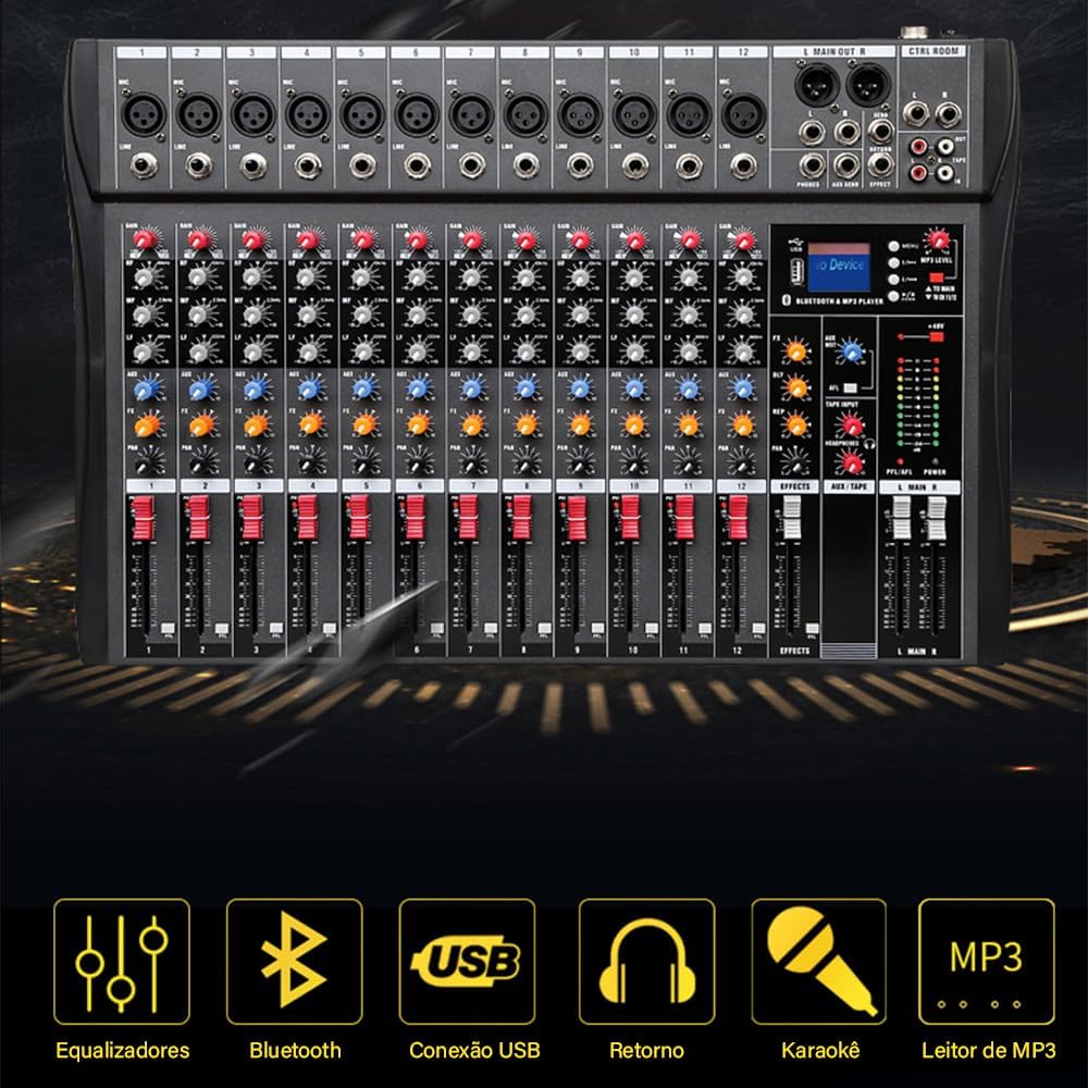 Mixer profissional KINGSTER com 12 canais de entrada, mostrados em detalhe. Ícones em amarelo destacam recursos: equalizadores, Bluetooth, conexão USB, retorno de áudio, função karaokê, leitor MP3.