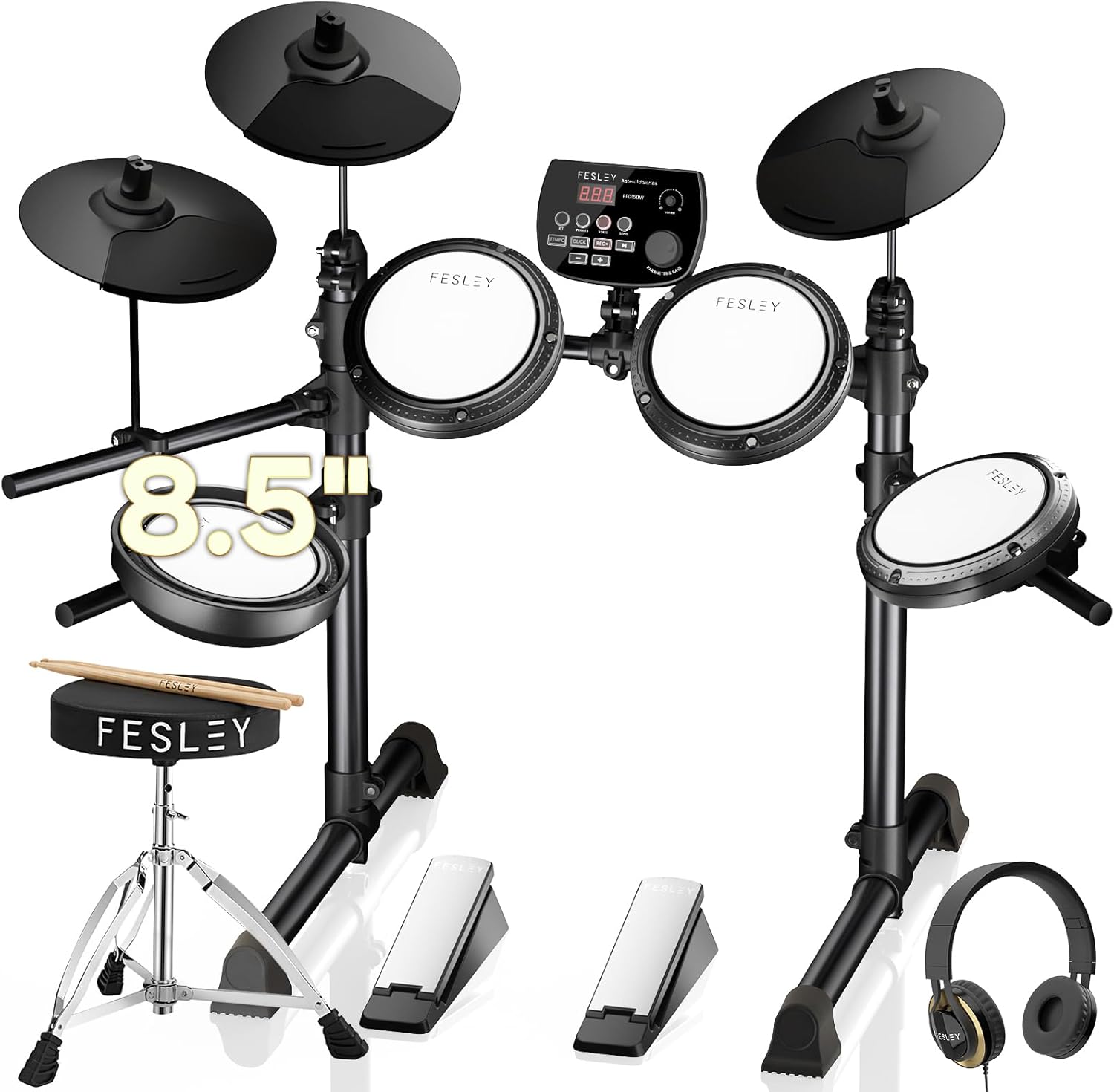Bateria eletrônica Fesley FED150W com pads silenciosos e módulo digital