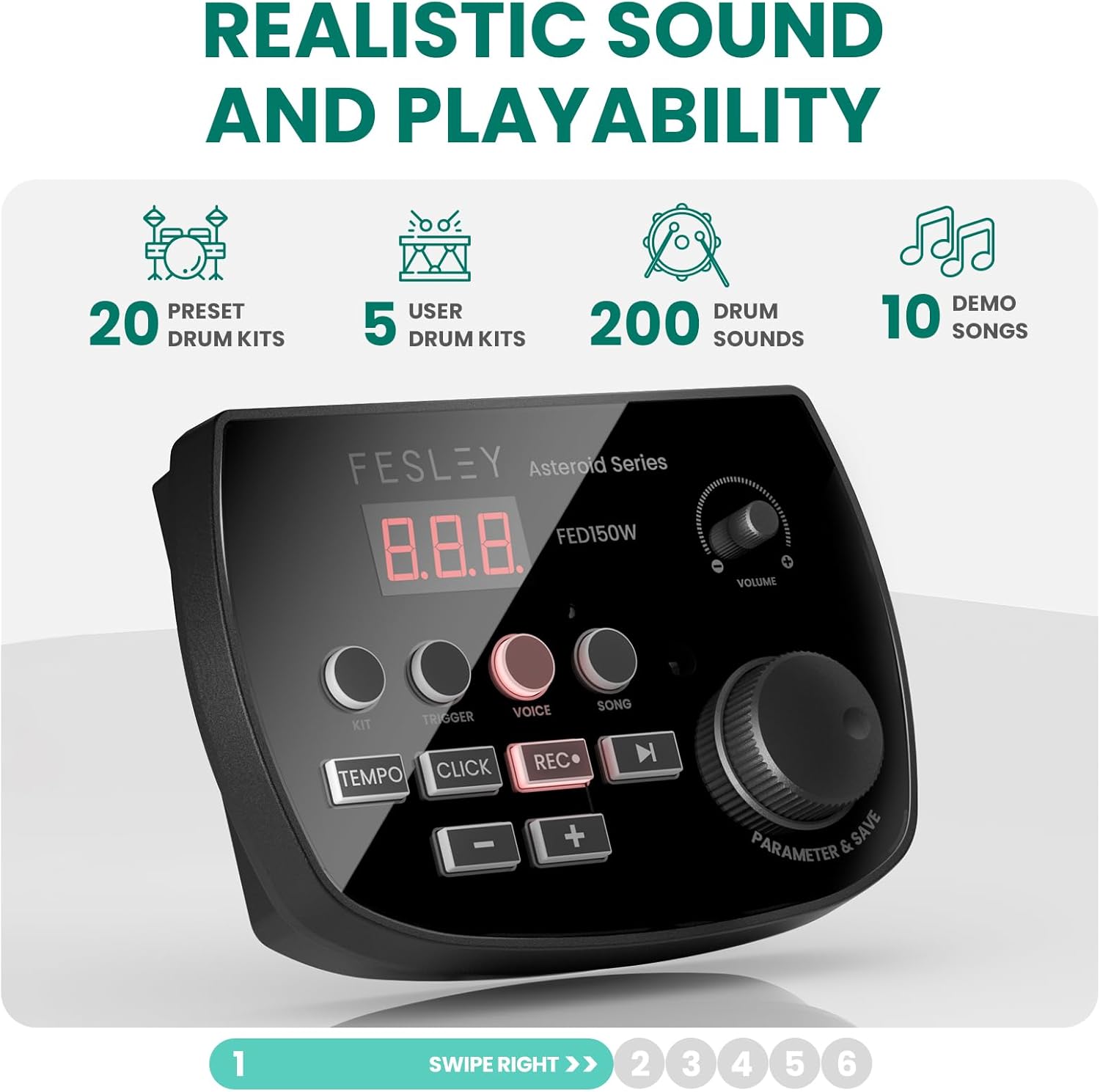 Módulo de som da bateria eletrônica Fesley FED150W com display digital e botões de controle