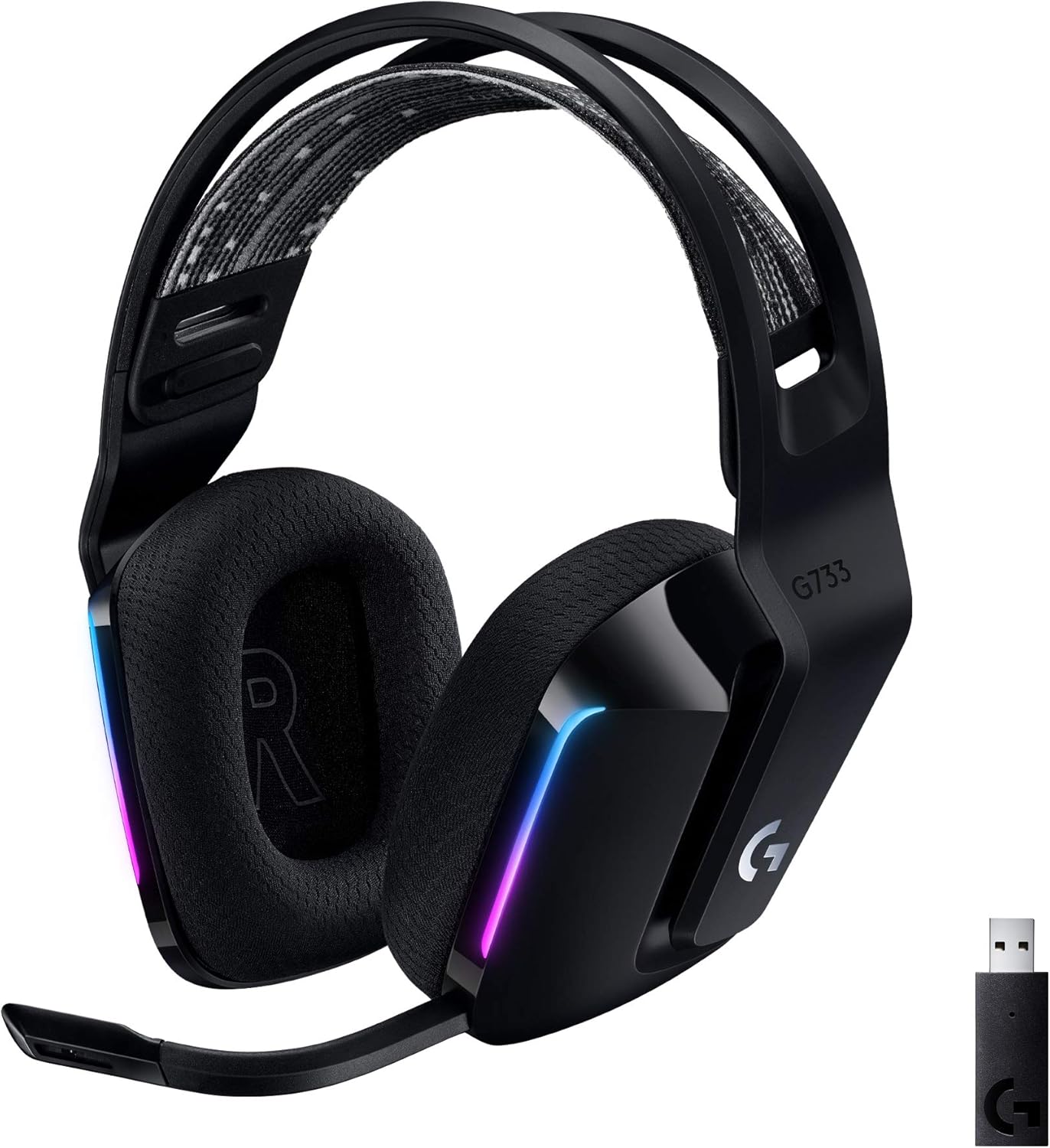 Headset gamer Logitech G G733 sem fio, formato over-ear com almofadas pretas em espuma de memória e iluminação RGB LIGHTSYNC