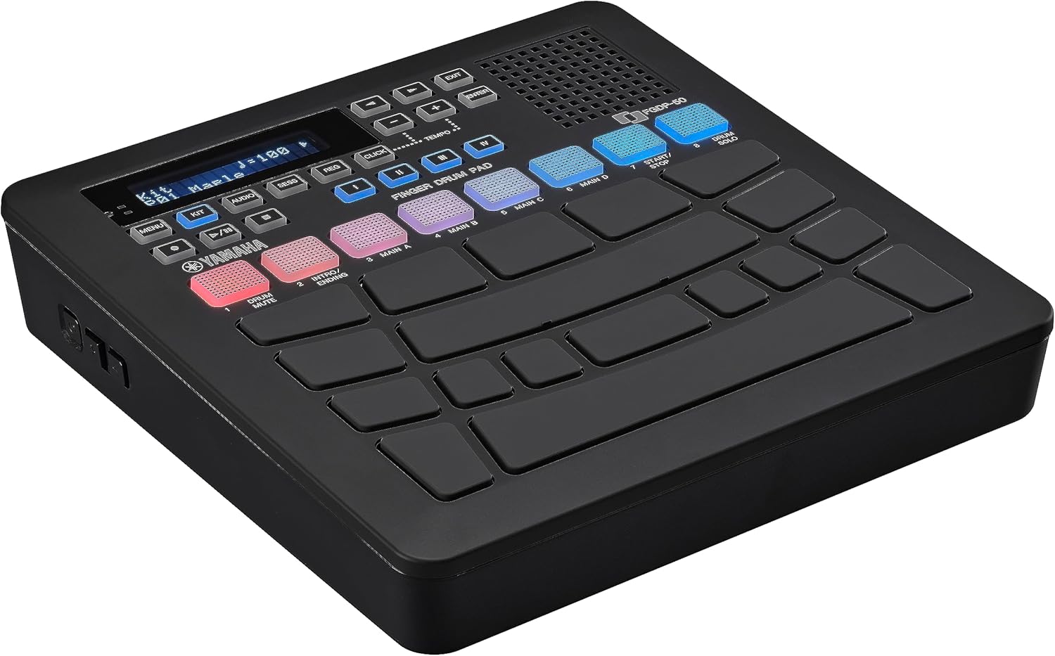 Bateria eletrônica de dedo portátil Yamaha FGDP-50, vista em ângulo lateral com pads coloridos RGB iluminados e alto-falante embutido