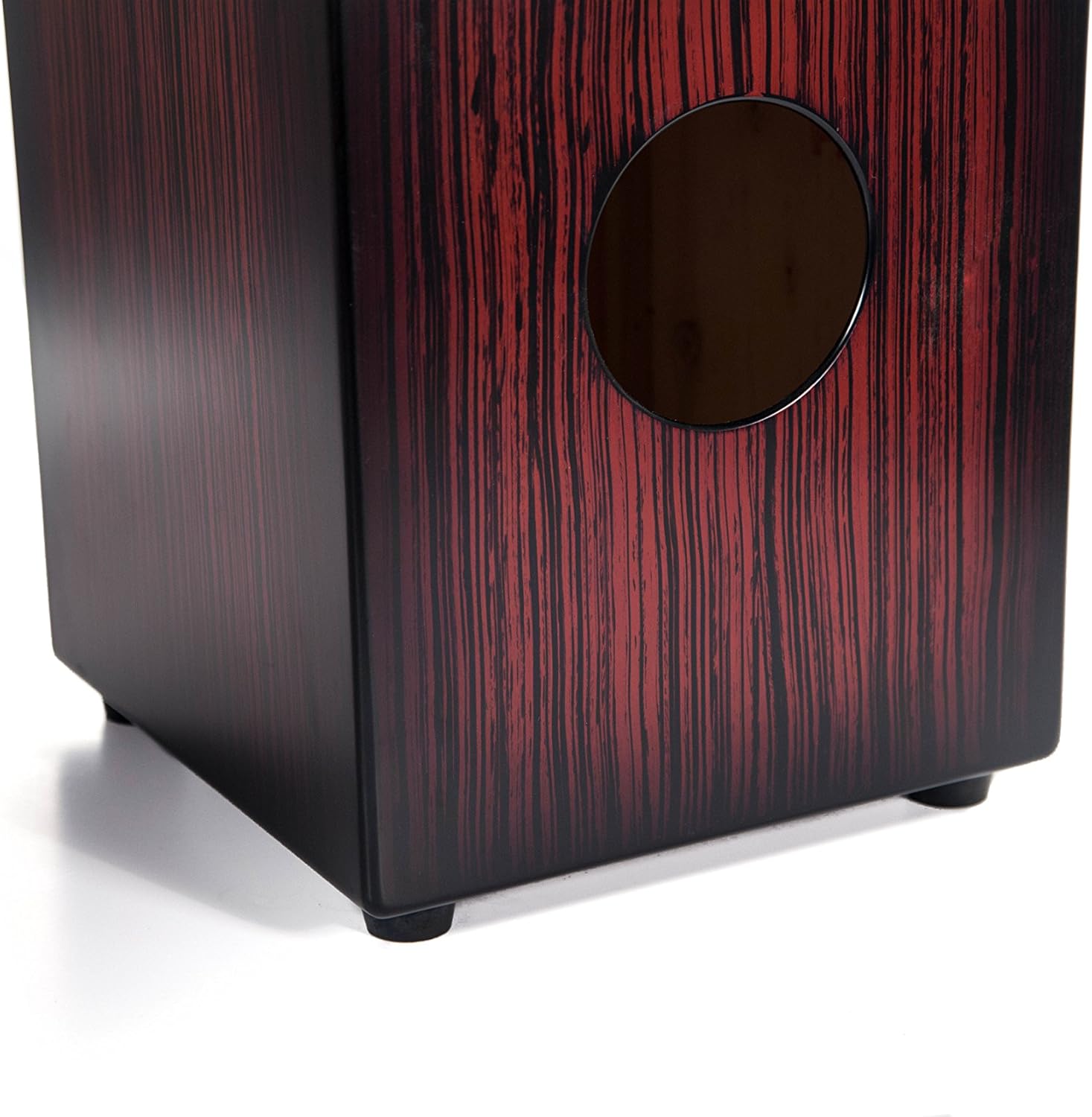 Detalhe do cajon LP Aspire Accents mostrando orifício traseiro e acabamento em madeira