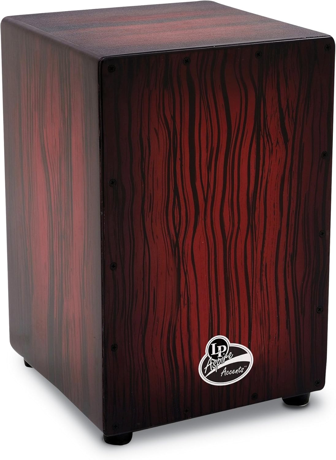Imagem frontal do cajon LP Aspire Accents, acabamento madeira escura vermelha e preta