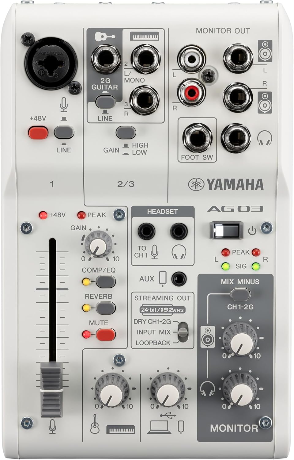 Mesa de som analógica Yamaha AG03MK2 na cor branca com DSP, vista superior em ângulo, mostrando controles e entradas.