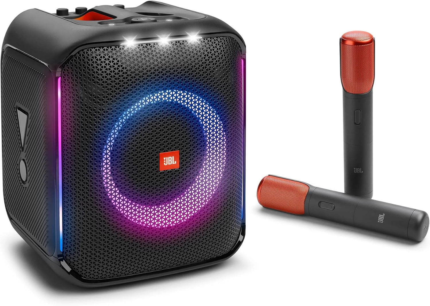 Caixa de som JBL PartyBox Encore em preto com iluminação LED colorida ao redor da grade frontal e dois microfones sem fio