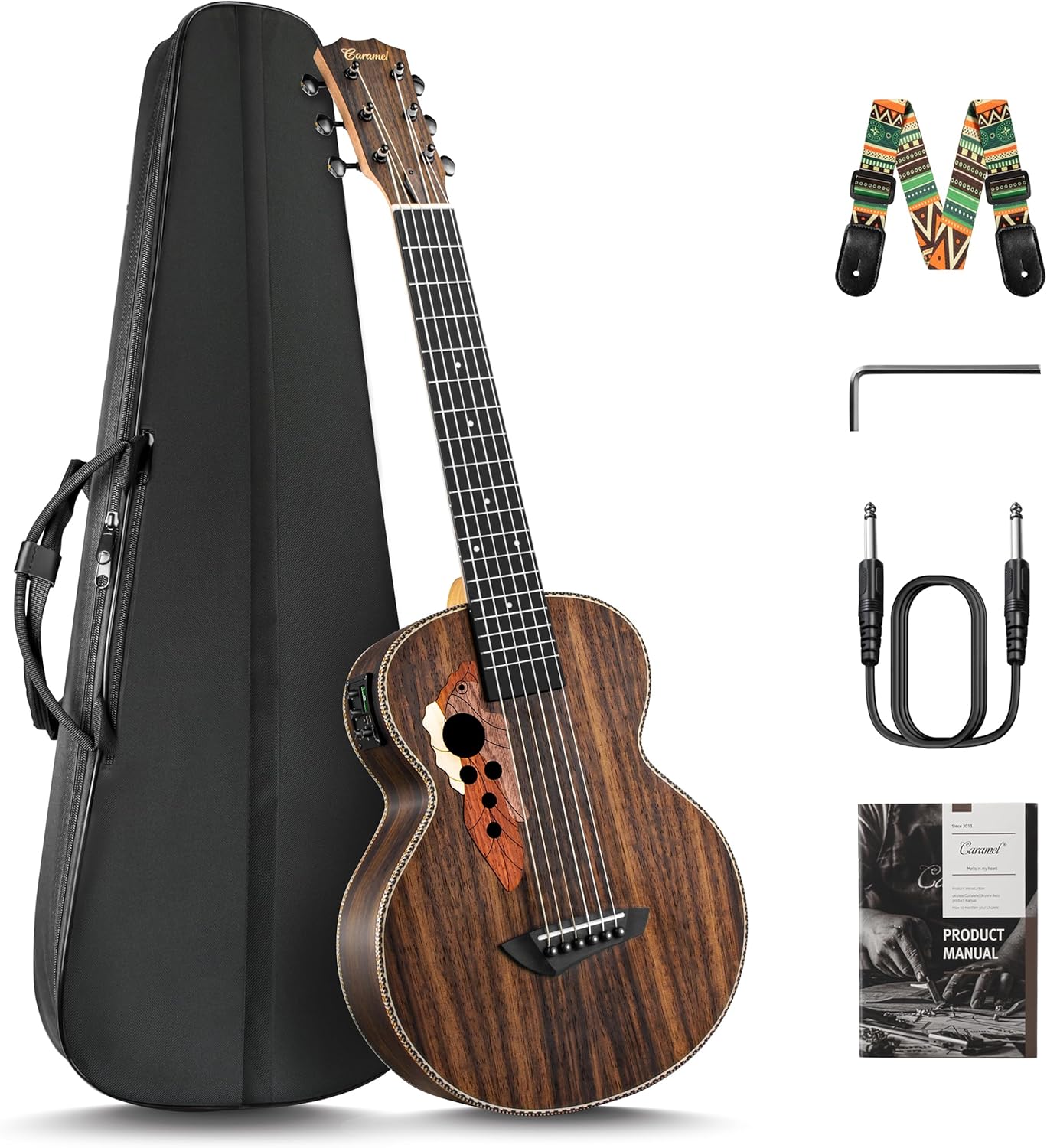 Guitarlele Caramel CB904G em madeira de ébano com 6 cordas, visualizado de frente apoiado em um estojo preto rígido. Possui captador embutido com controle lateral, boca do som em forma de peixe com  …
