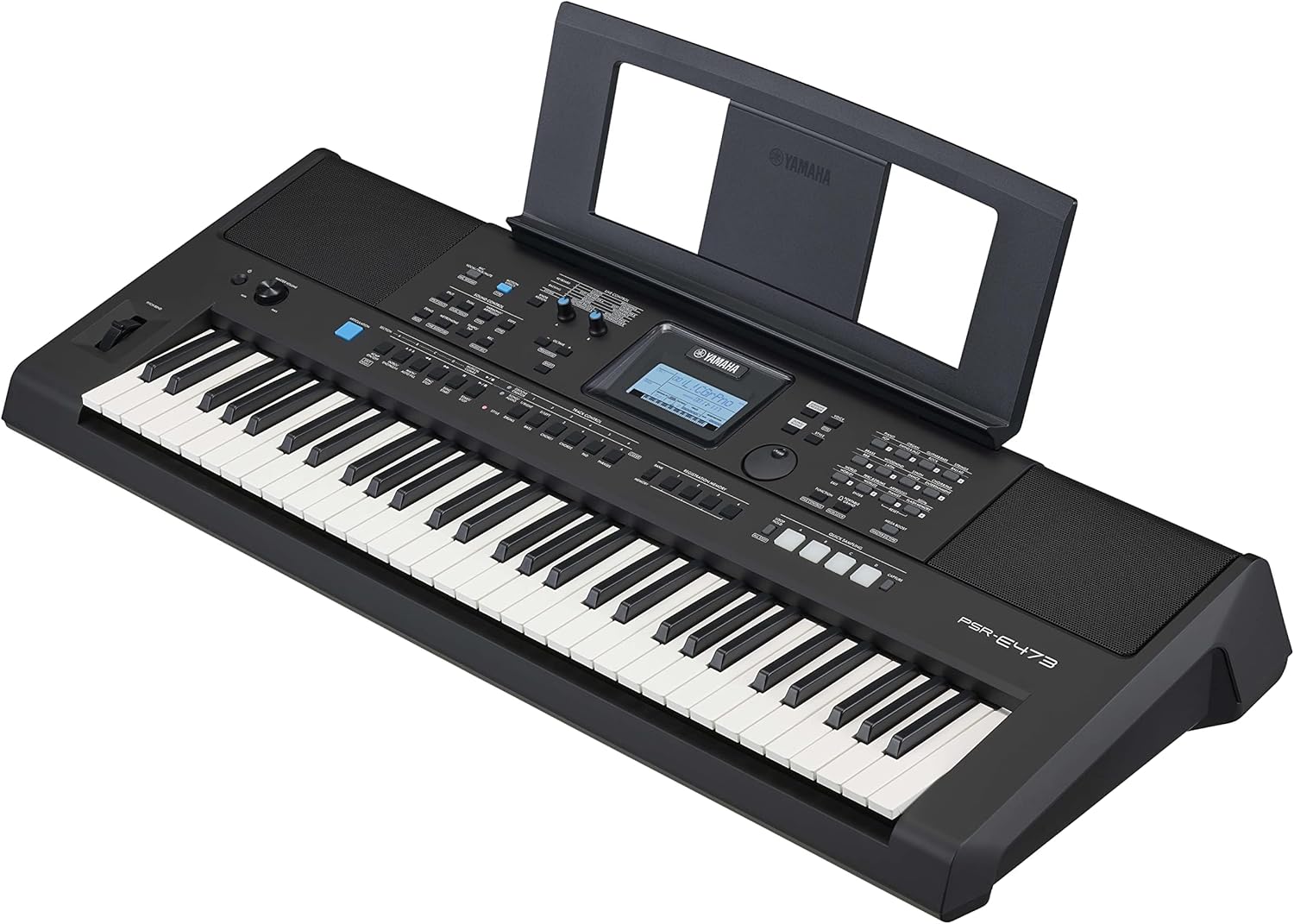 Teclado arranjador Yamaha PSR E473 preto com 61 teclas e painel frontal com botões e visor LCD