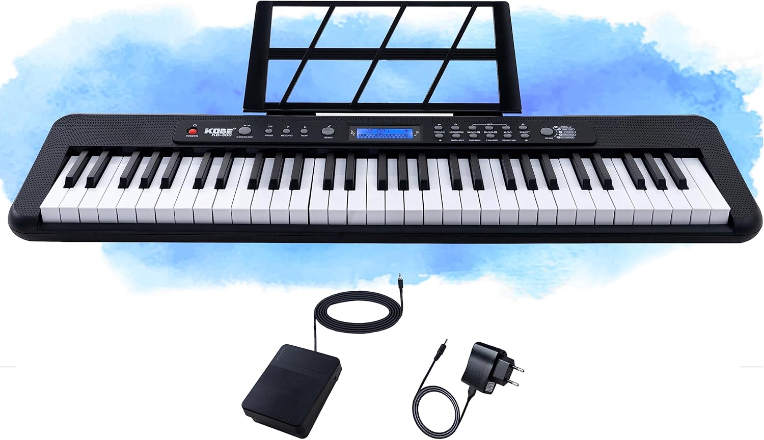 Teclado musical Kobe KB-300 com 61 teclas sensíveis ao toque, cor preta com teclas brancas e pretas. Painel superior com botões para controle de volume, metrônomo, gravação, reprodução e seleção de to